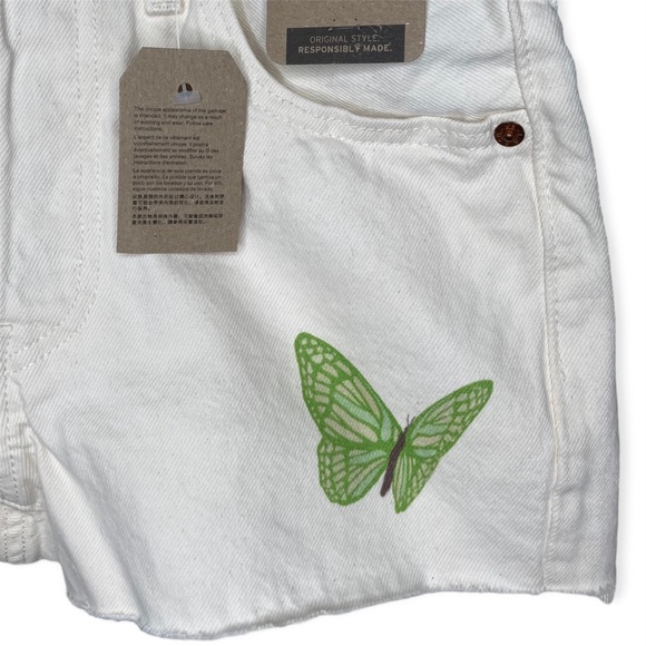 Levi 501 Denim Shorts 24” Cream Butterfly 🦋 Print High Rise Button Raw Edge - Picture 5 of 13